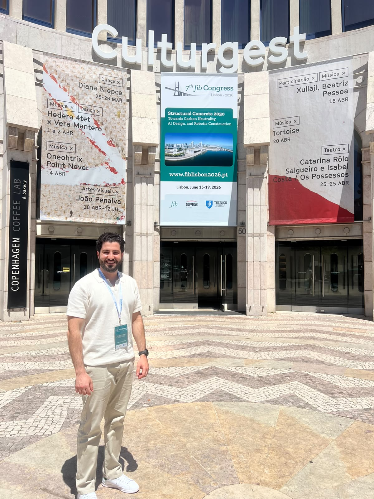 Youssef Sleiman (Université de Bordeaux, I2M Laboratory) presenting NATURSEA-PV research on geopolymer UHPC durability at the 7th fib Congress in Lisbon, June 2026