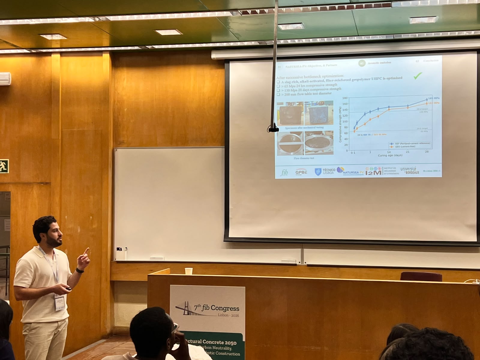 Youssef Sleiman (Université de Bordeaux, I2M Laboratory) presenting NATURSEA-PV research on geopolymer UHPC durability at the 7th fib Congress in Lisbon, June 2026
